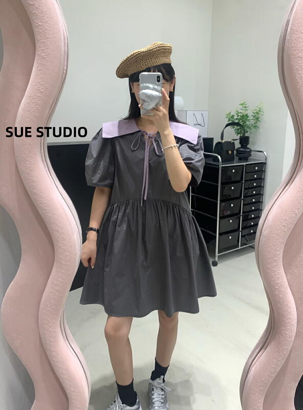 [Sue studio] contrast large lapel loose dress 22308\zjy