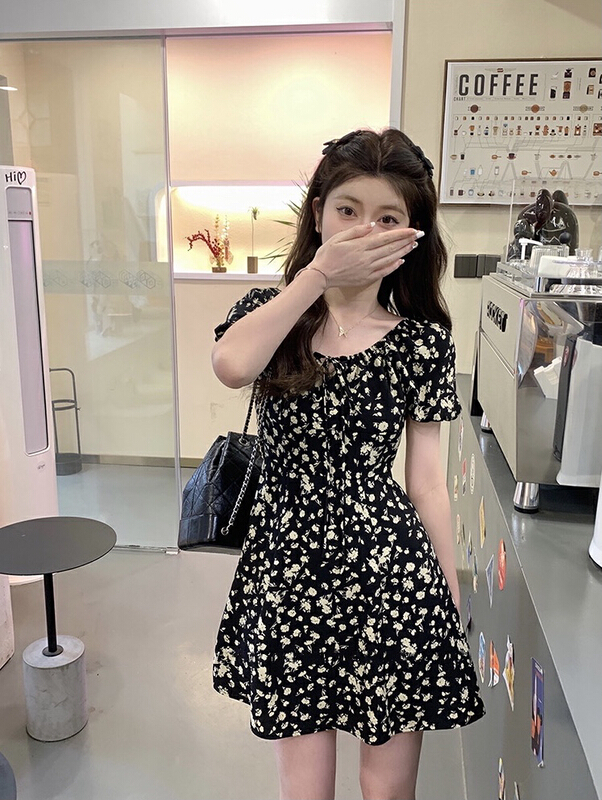 [savage] French retro lace up bow fold bubble sleeve dress e8312\wpl