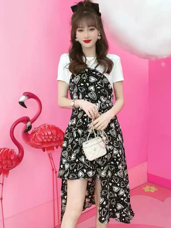 [Huaxi] fashion round neck short sleeve T-shirt + love printing irregular slim suspender dress set 9209\pcz
