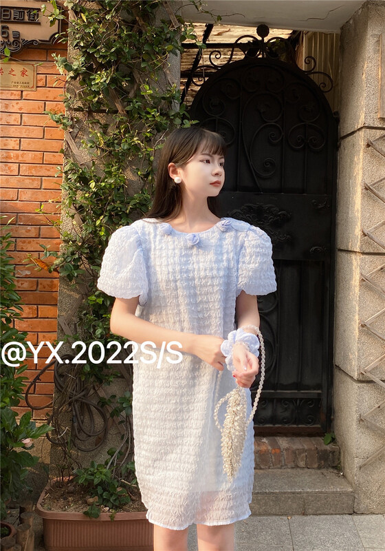 [YX] round neck fashion three-dimensional floret dress (with hair circle) 2283\zjy