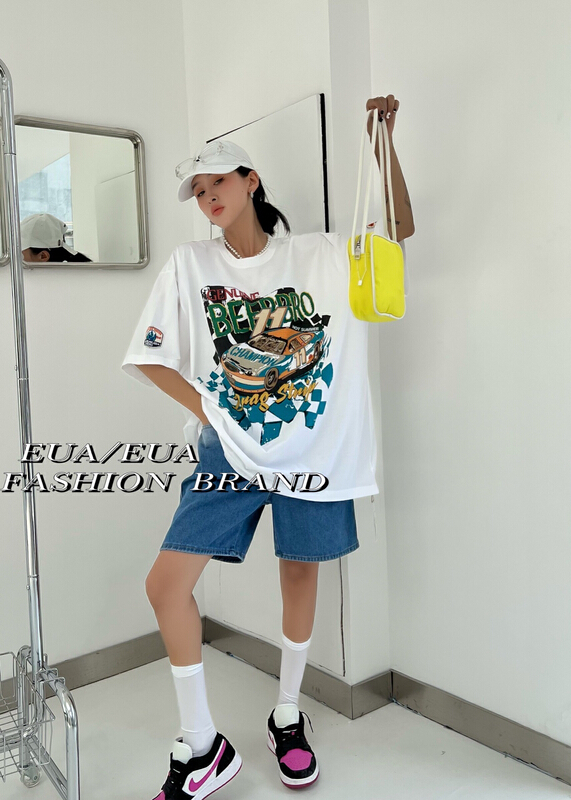 [EUA European and American trend] washed ice silk cotton locomotive printed short sleeve T-shirt 12295\xyy
