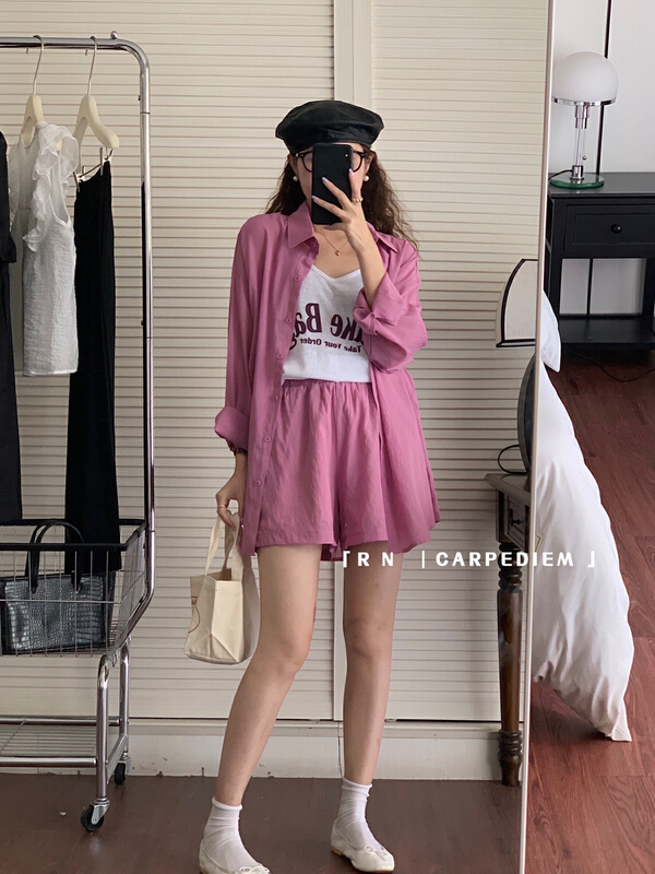 [RN] solid color loose sunscreen shirt + letter suspender Vest + casual shorts three piece suit 81101\ll