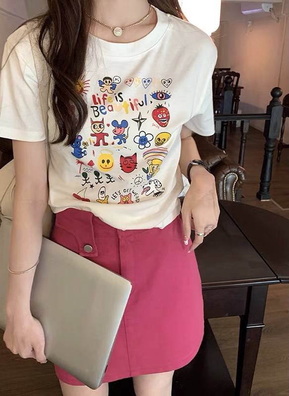 [blue show] round neck versatile printed Casual Short Sleeve T-shirt 7004\lsw