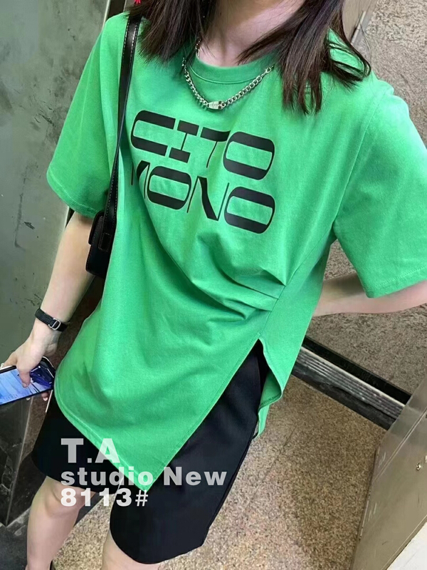 [ta+] personalized letter chain slit loose short sleeve T-shirt 81113\y