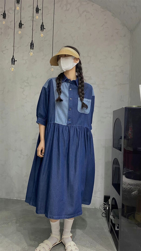 [hongniuniu] fashionable and versatile stitching large swing denim dress 9597\xyy