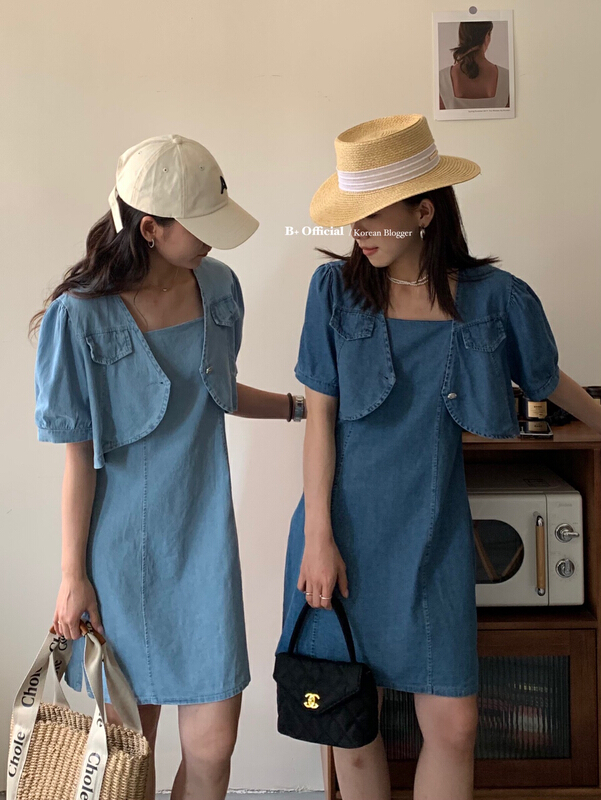 In early summer! [B plus] simple short denim shirt + slim fitting denim suspender skirt two piece suit 22-9263-2\hbx