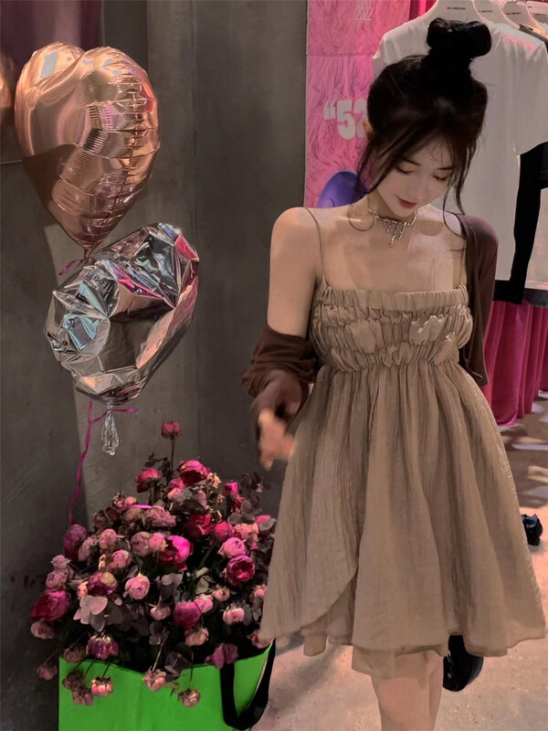 [clothing] Korean solid color pleated suspender dress 1041\pcz