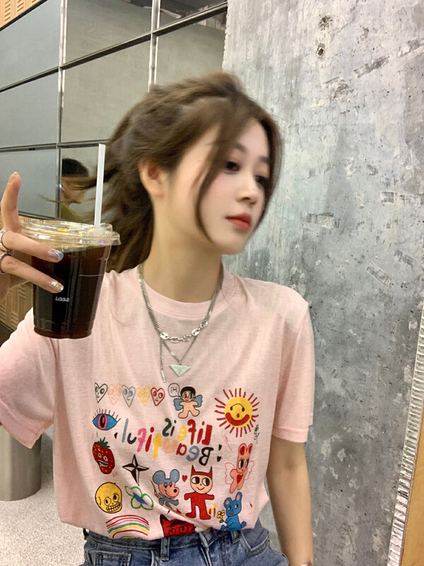 [wgwe] cartoon women's inner lining 2022 new loose Korean thin foreign style age reducing short sleeve T-shirt 1901\pcz