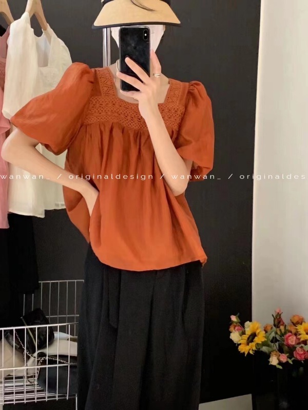 [wanwan] square neck Style Bubble Sleeve Shirt 6776\hbx