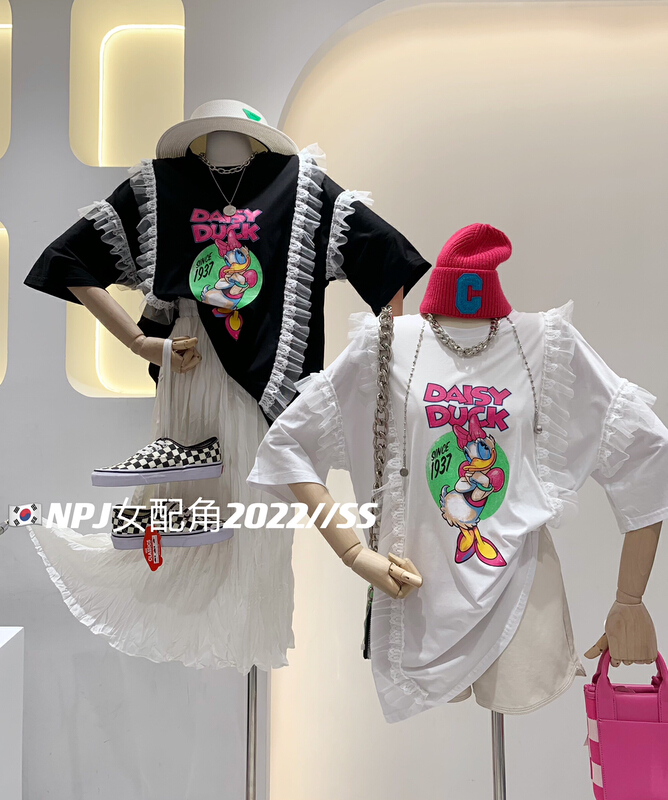 【 wlady 】 Korean version Donald Duck lace hem short sleeve T-shirt 366-1\wtt