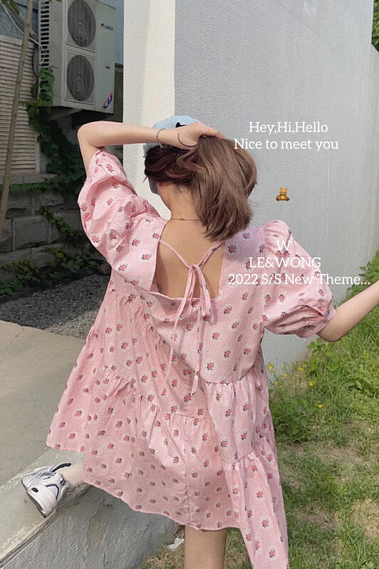 [le&wong] French bubble sleeve loose thin dress floral dress 8931