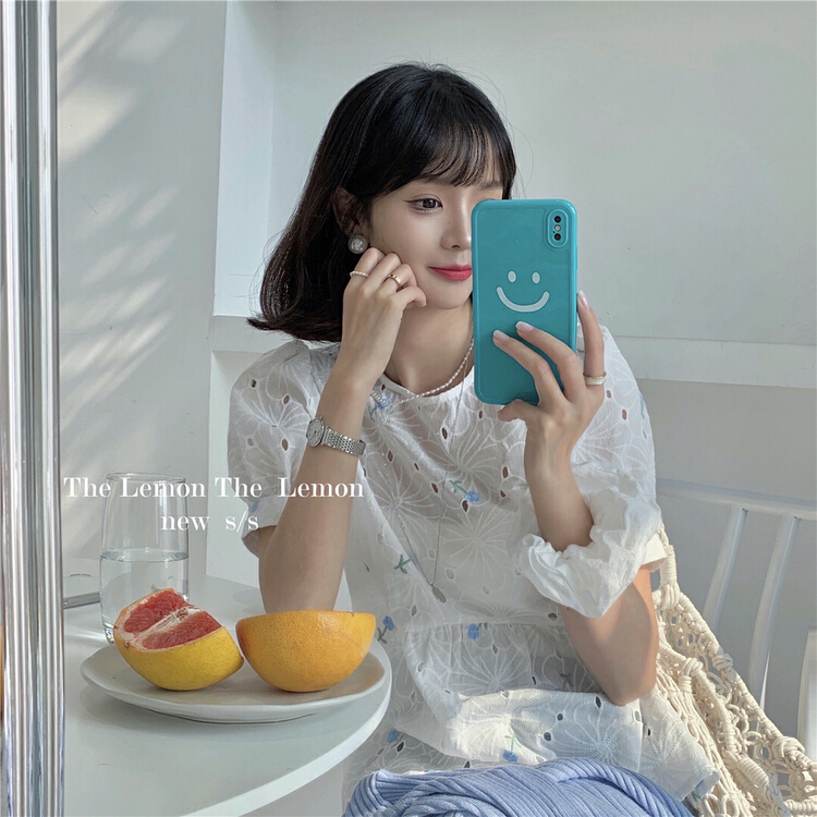 [lemon green tea] Korean embroidered sweet bubble sleeve shirt ys1-0173\hjy