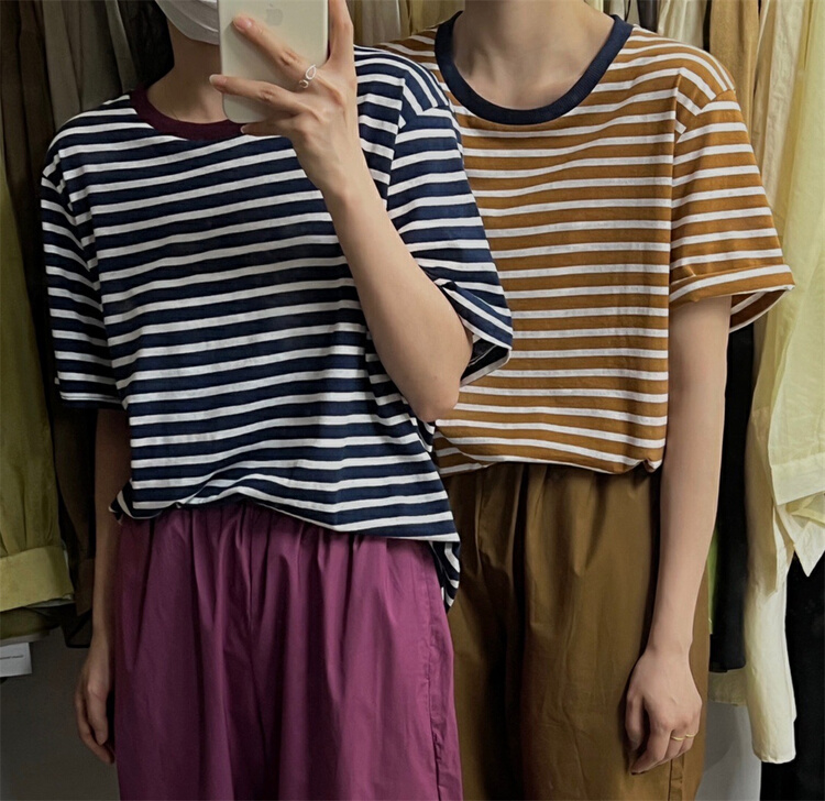 【H-XL】條紋圓領百搭通勤短袖T恤  3663#  LL