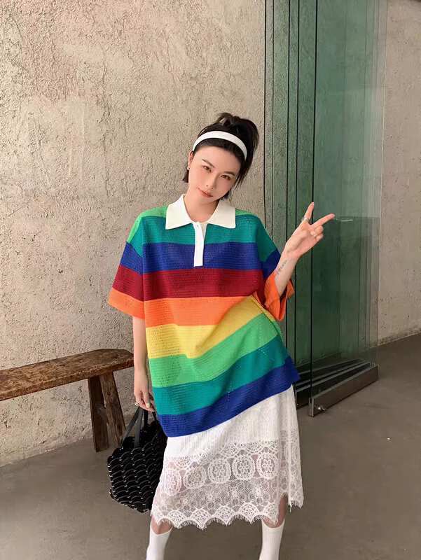 [rainbow] contrast Polo neck versatile loose knit 1940\wtt