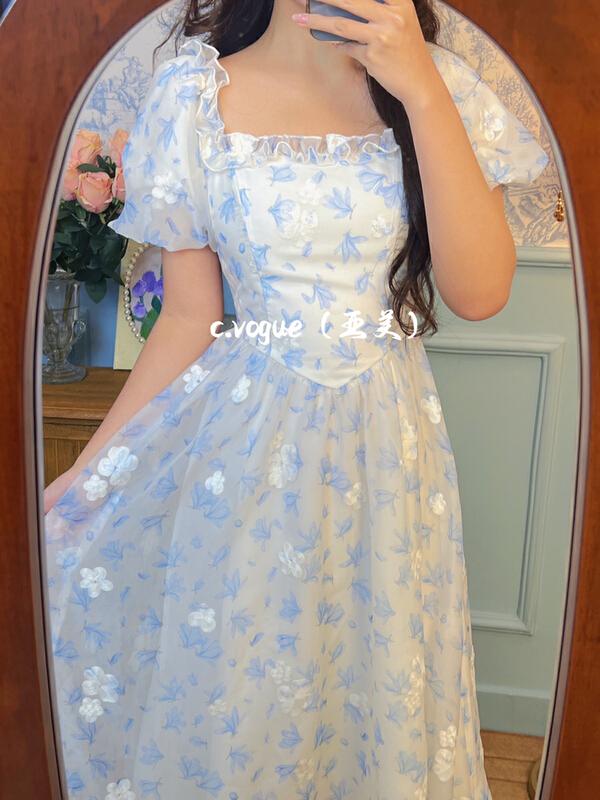 [c.vogue] gentle floral embroidery waist dress 3905\pcz