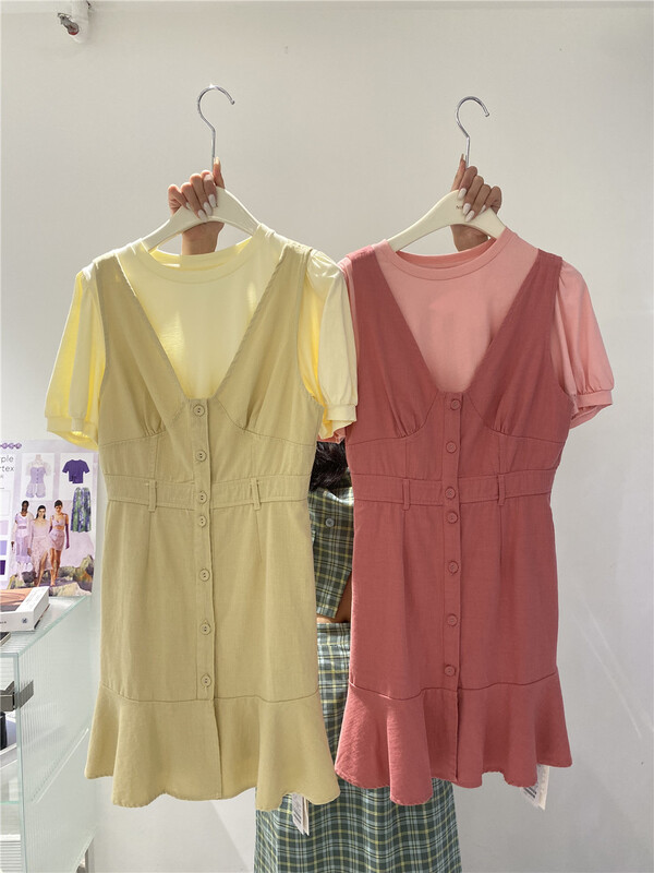 [Naomi] round neck bubble sleeve clear color short sleeve T-shirt +v-neck age reducing strap skirt set ys1-2003\lsw