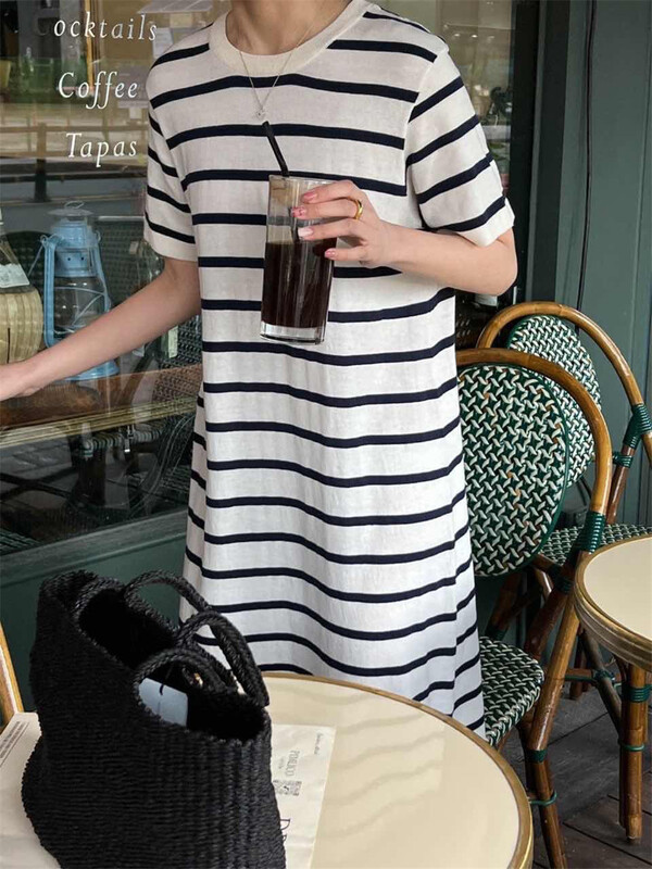 [next station] Korean classic stripe knitted short sleeve dress 0956\zjy