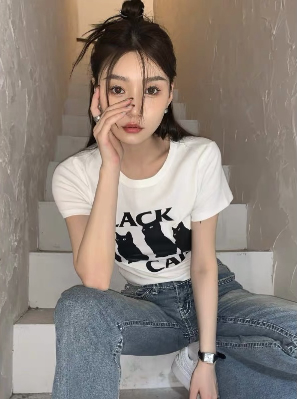 [blue show] Korean cat printed short sleeve T-shirt 7016\lsw