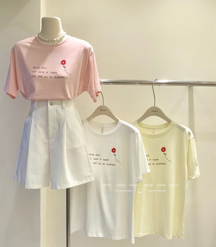 [Momo] Korean version simple letters thin short sleeve T-shirt 3899\hbx