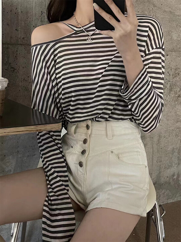 [top] striped loose long sleeve off the shoulder sunscreen shirt 2021\zjy