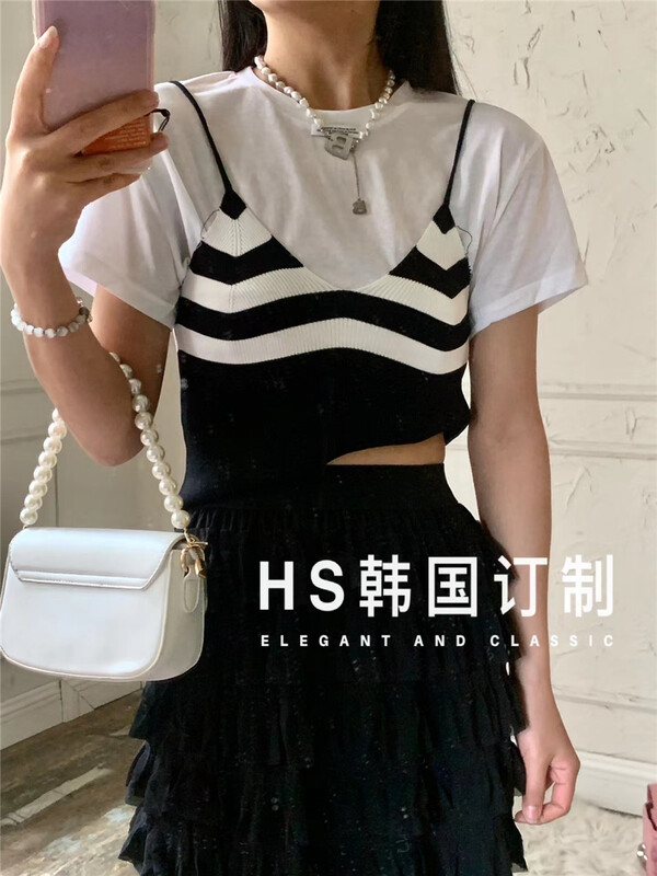 [HS customized in Korea] Korean version fashionable and simple clean color short sleeves + contrast suspender vest set ys1-9036\hjy