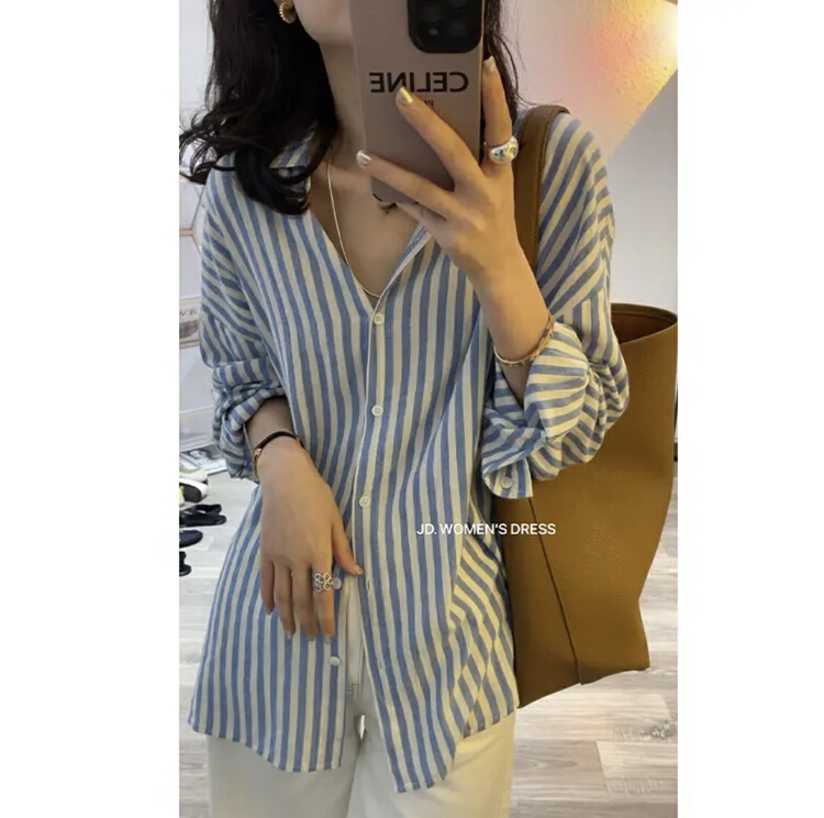 [I-D] Korean slant button stripe sunscreen shirt ys8232\ll
