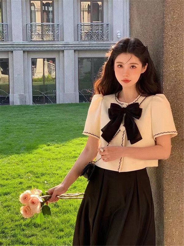 [Han C family] fashion small fragrance color contrast shirt (with detachable bow) 6438\pcz