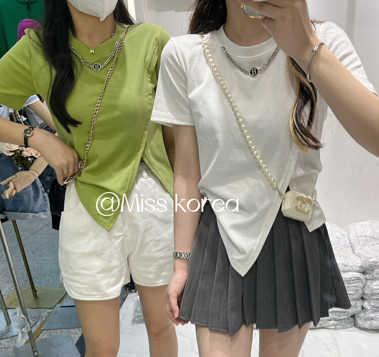 [Miss Korea] fashion round neck irregular short sleeve T-shirt 6909\hbx
