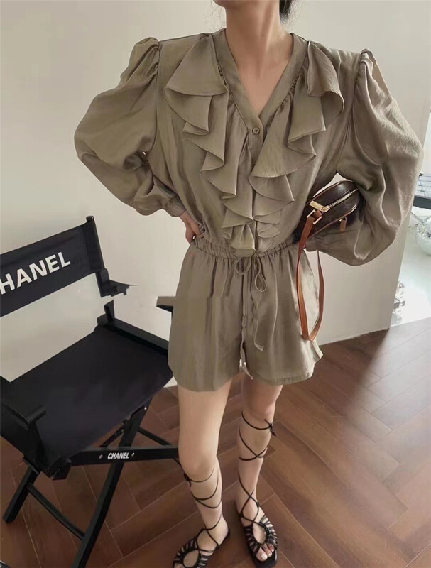[hi] Han Shu Ruffle V-Neck long sleeve shirt + casual Shorts Set 5283\hjy