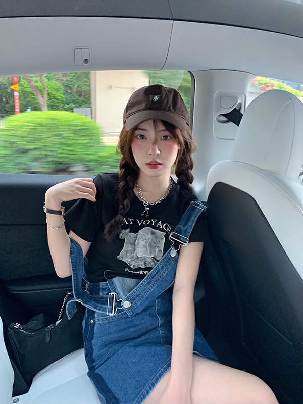 [y.jia EJA] cat print short sleeve + strap skirt leisure suit ys1-1075\pcz