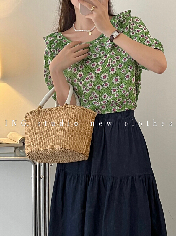[ing] small fresh retro Decor printed shirt 9079