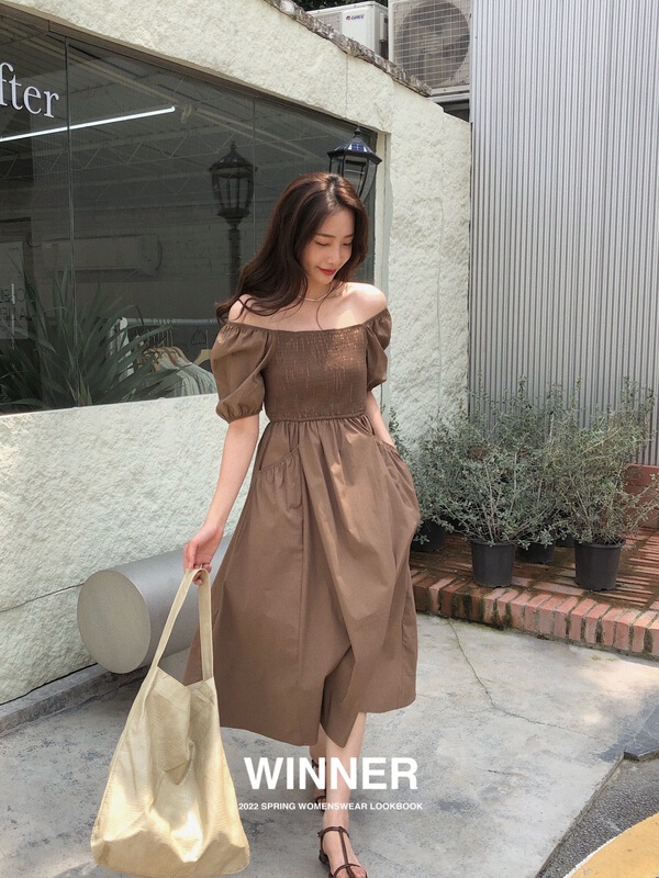 [winner] square neck bubble sleeve pull up waist dress (dress only) 9039\ll
