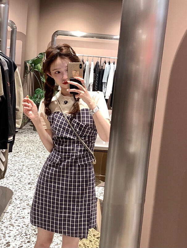 [savage] Korean atmosphere pleated Plaid fake two piece dress e8293\wpl
