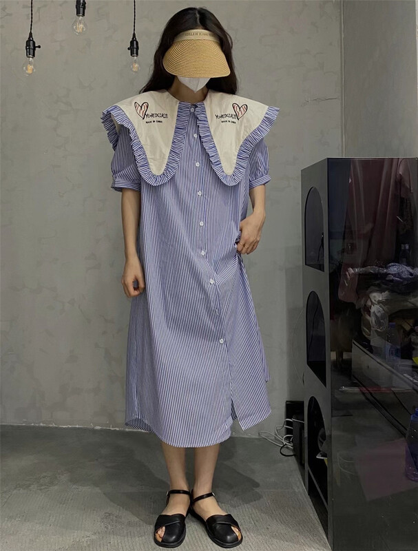 [hongniuniu] Korean button up baby collar shirt dress 9589\xyy