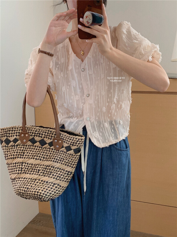 [your room] jacquard bubble sleeve button up shirt 8870\zxx