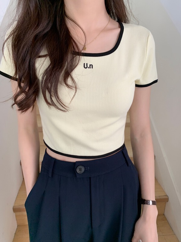 [miss sumey Xiaomi] Korean Short color contrast Embroidery Shirt 2420\hbx