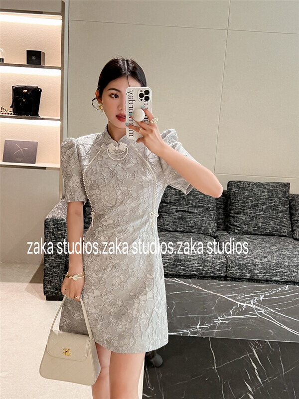 [Zaka] stand collar bubble sleeve temperament dress 58310\ll