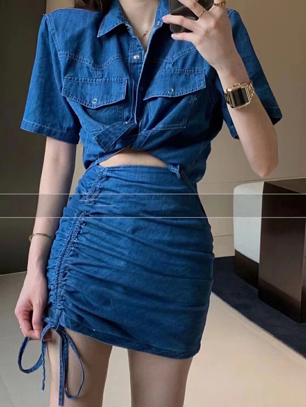 [lidada] new denim short top + drawstring lace up skirt suit (only suit) 3028\hbx
