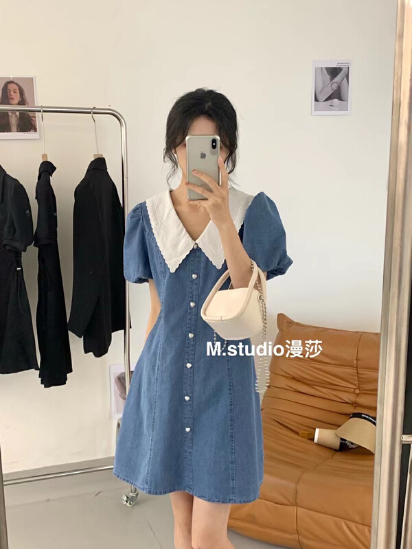 [MSTUDIO MANSA] waist closing single breasted denim dress 6689\ll