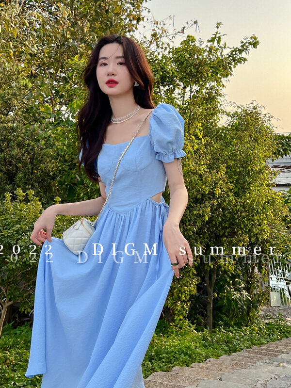 [digm] Korean fashion careful machine waist showing thin bubble sleeve dress 1751-1\zxx