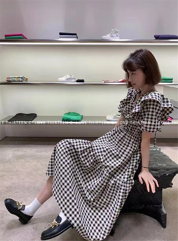 [Han C family] fresh square neck simple ear edge dress (without necklace) 6348\pcz