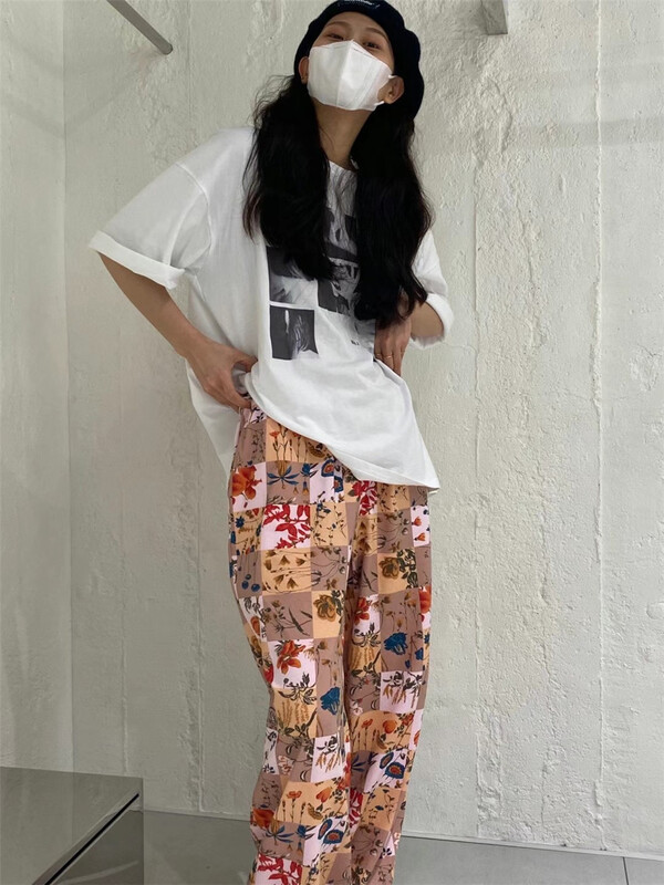 In early summer! [hongniuniu] Korean color blocking Floral Casual pants 9575\xyy