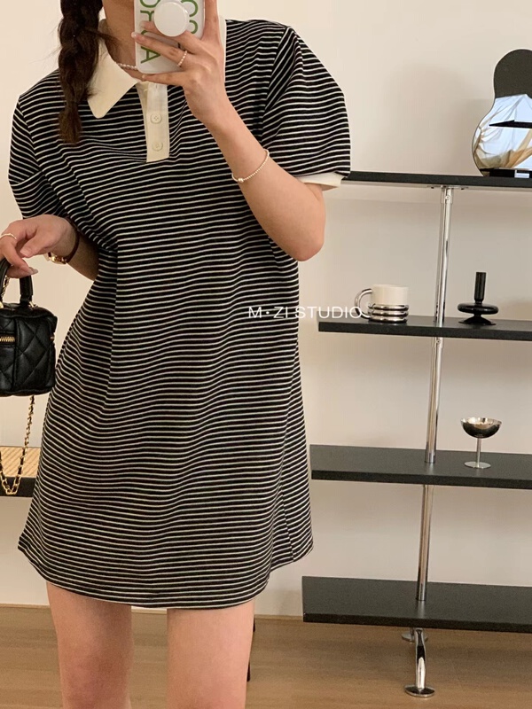 [m.zi studio] Polo neck simple stripe dress 3558\hbx