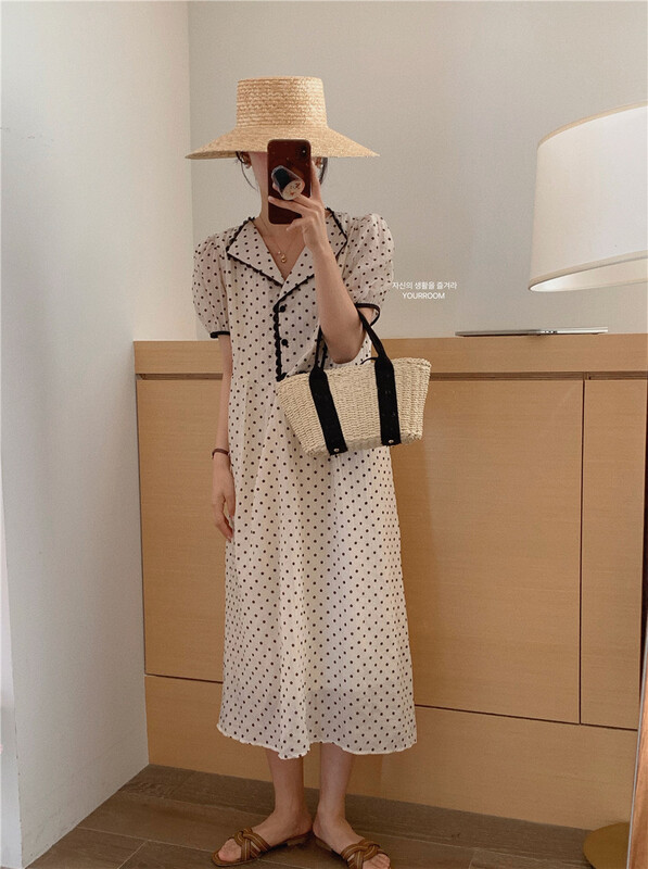 [your room] color contrast Lapel polka dot dress 1163\zxx