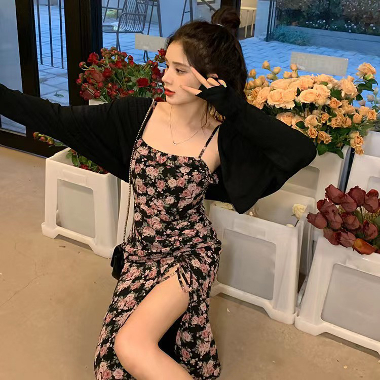 [mi ni] short sunscreen knitted cardigan + floral suspender dress set 1263\pcz