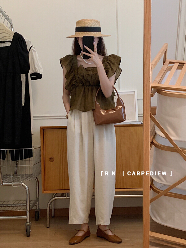 [R n] square neck Ruffle Ruffle small slim fitting shirt 81205\ll