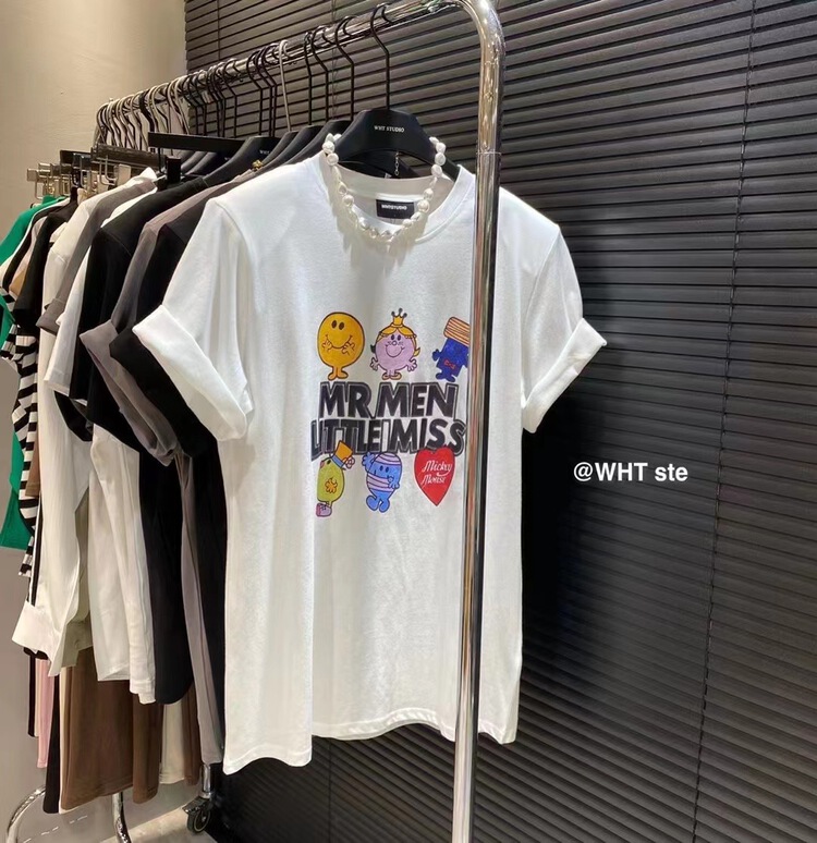 [wht] shoulder pad casual cartoon printed round neck short sleeve T-shirt ys1-5035\wtt
