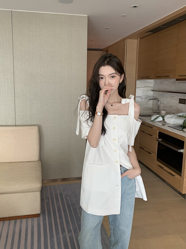 [dolly] French retro temperament single breasted bow square neck off shoulder short sleeve straight dress 2637\pcz