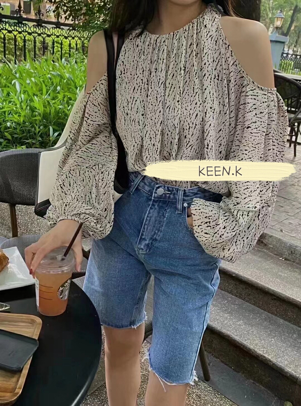 [keen k] Vintage printed loose shoulder chiffon sun shirt s95\wtt