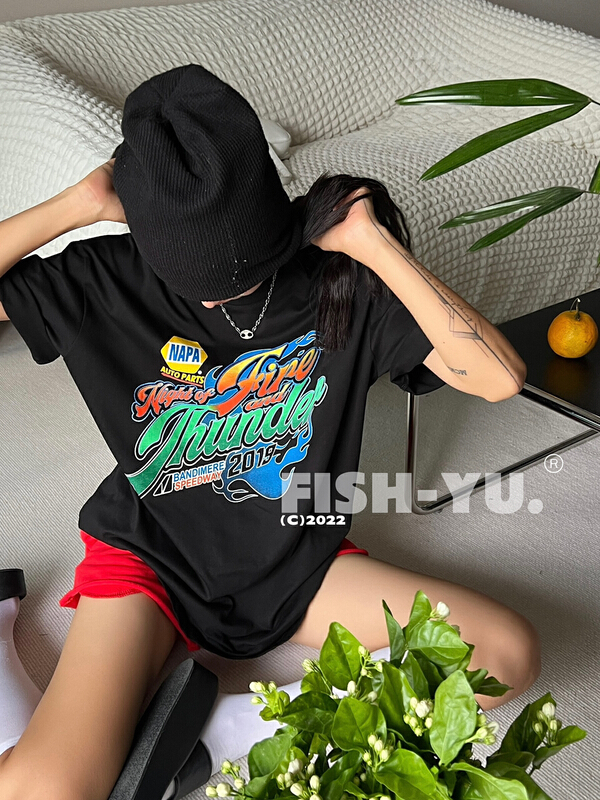 [fish Yu] retro racing letter short sleeve T-shirt 22235\cqw